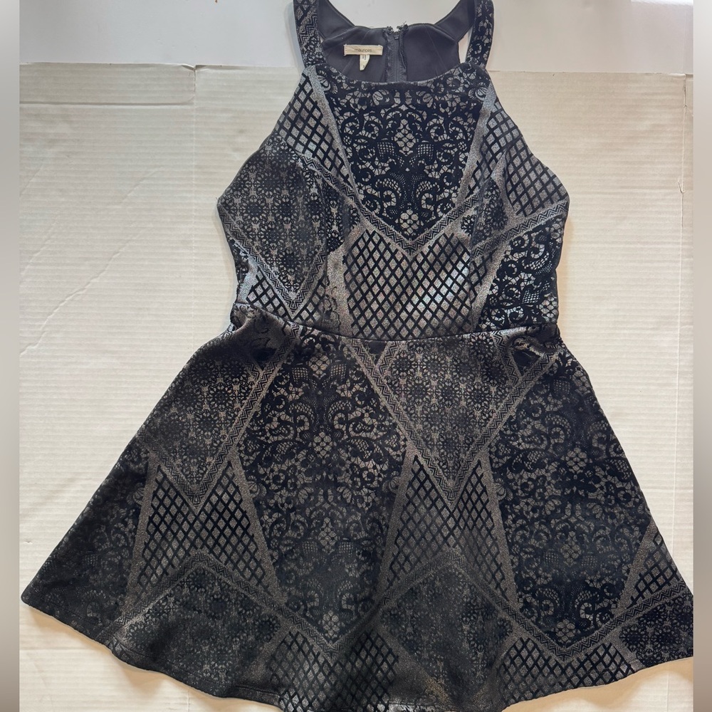Maurices Elegant Black and Silver Floral Fit Flare Dress Size Large
